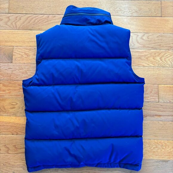 Vintage Black Ice Down Filled Blue Puffer Vest Mens M Hideaway Hood Outdoor Camp - Picture 2 of 10